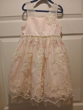 Dreamy American Princess Girls Pink and Cream Lace Pearl Waist Dress